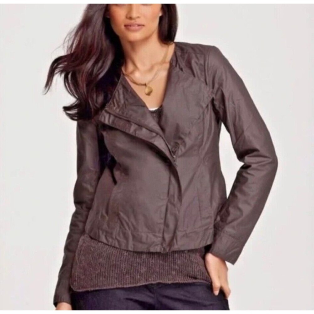 Eileen Fisher Size M Moto Jacket Brown Waxed Cotton Designer Modern Edgy